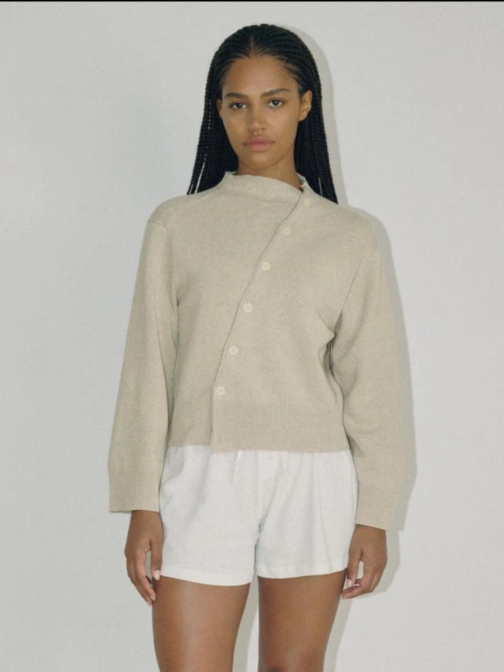 Boheme Asymmetric Button Cream Cardigan Sweater